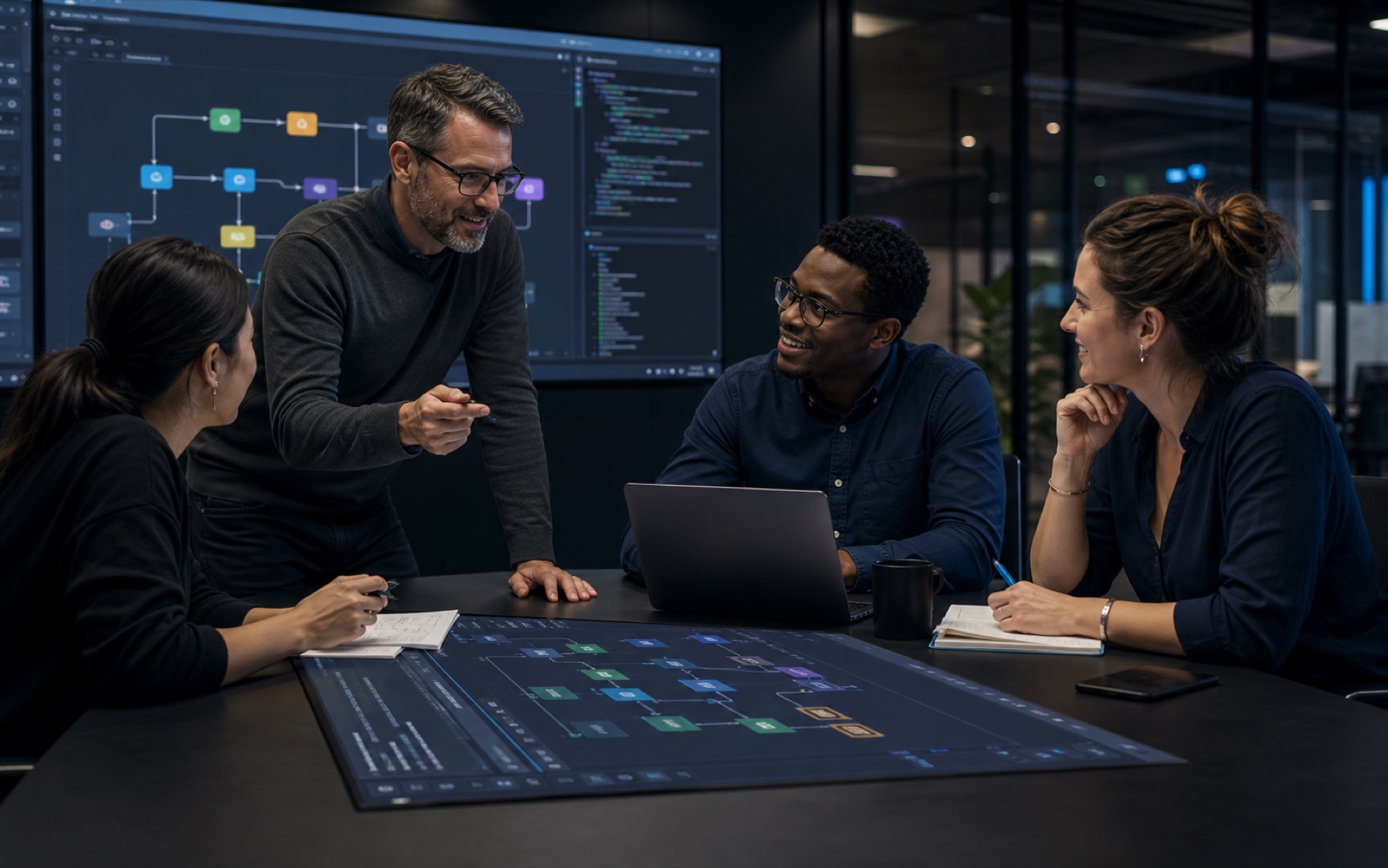 Experienced enterprise integration team reviewing workflow automation and code together.