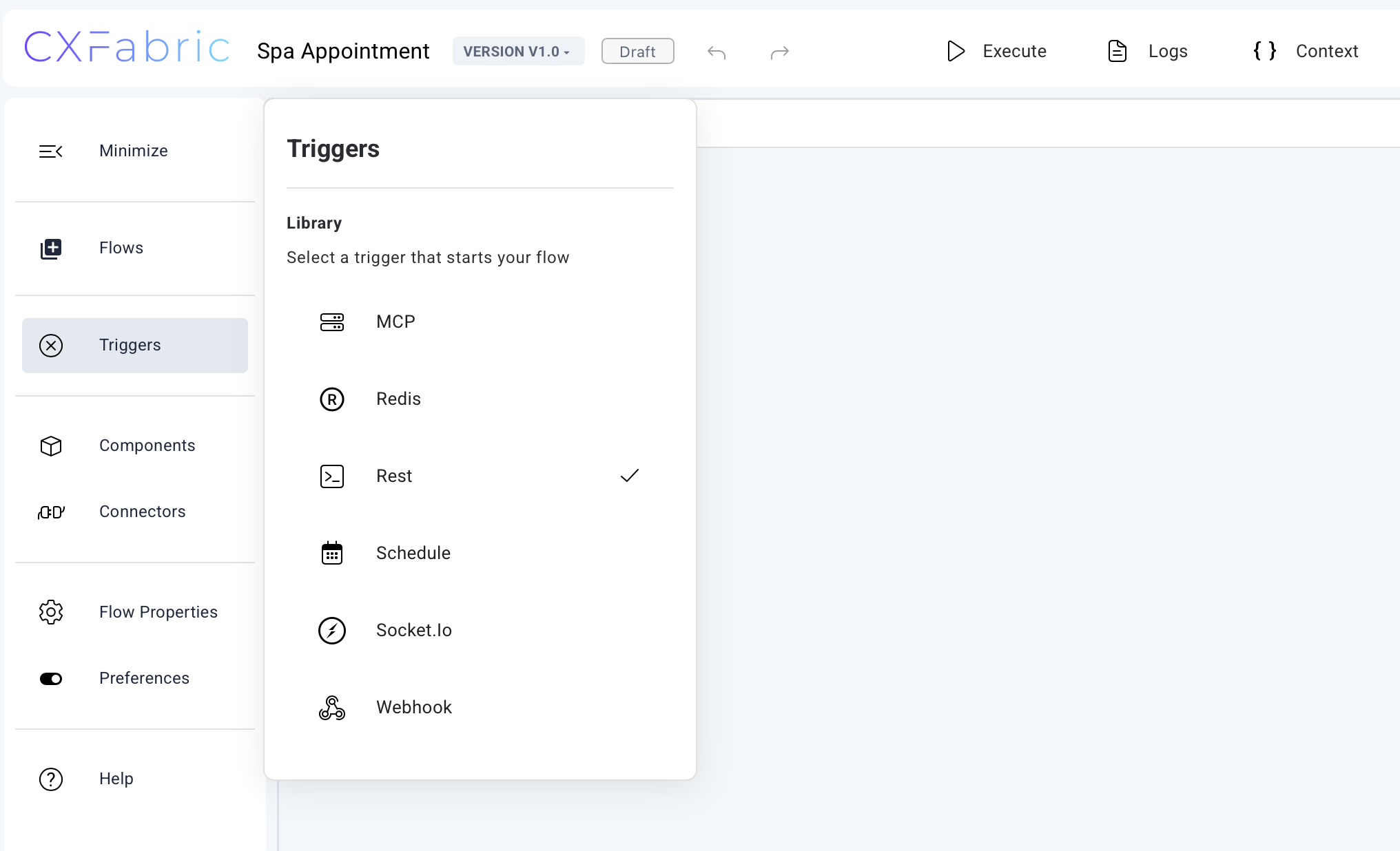 Light mode CXFabric designer library showing available triggers.