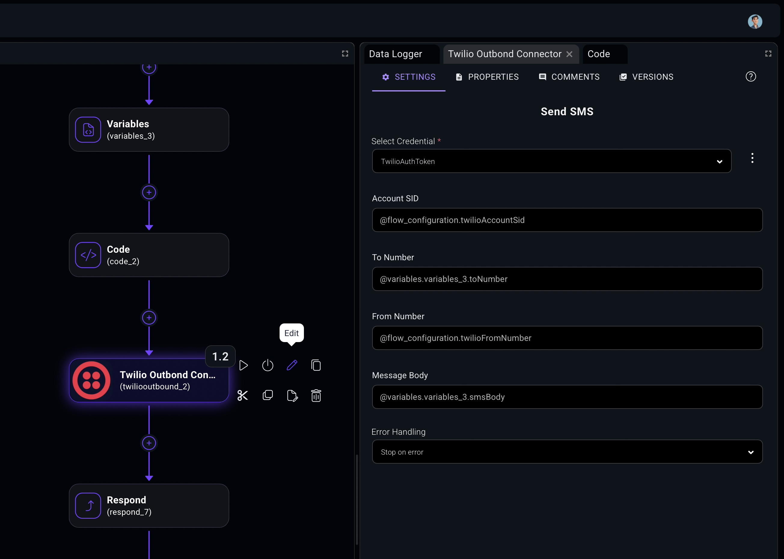 Dark mode CXFabric designer with a selected Twilio connector, quick actions, and step settings panel.