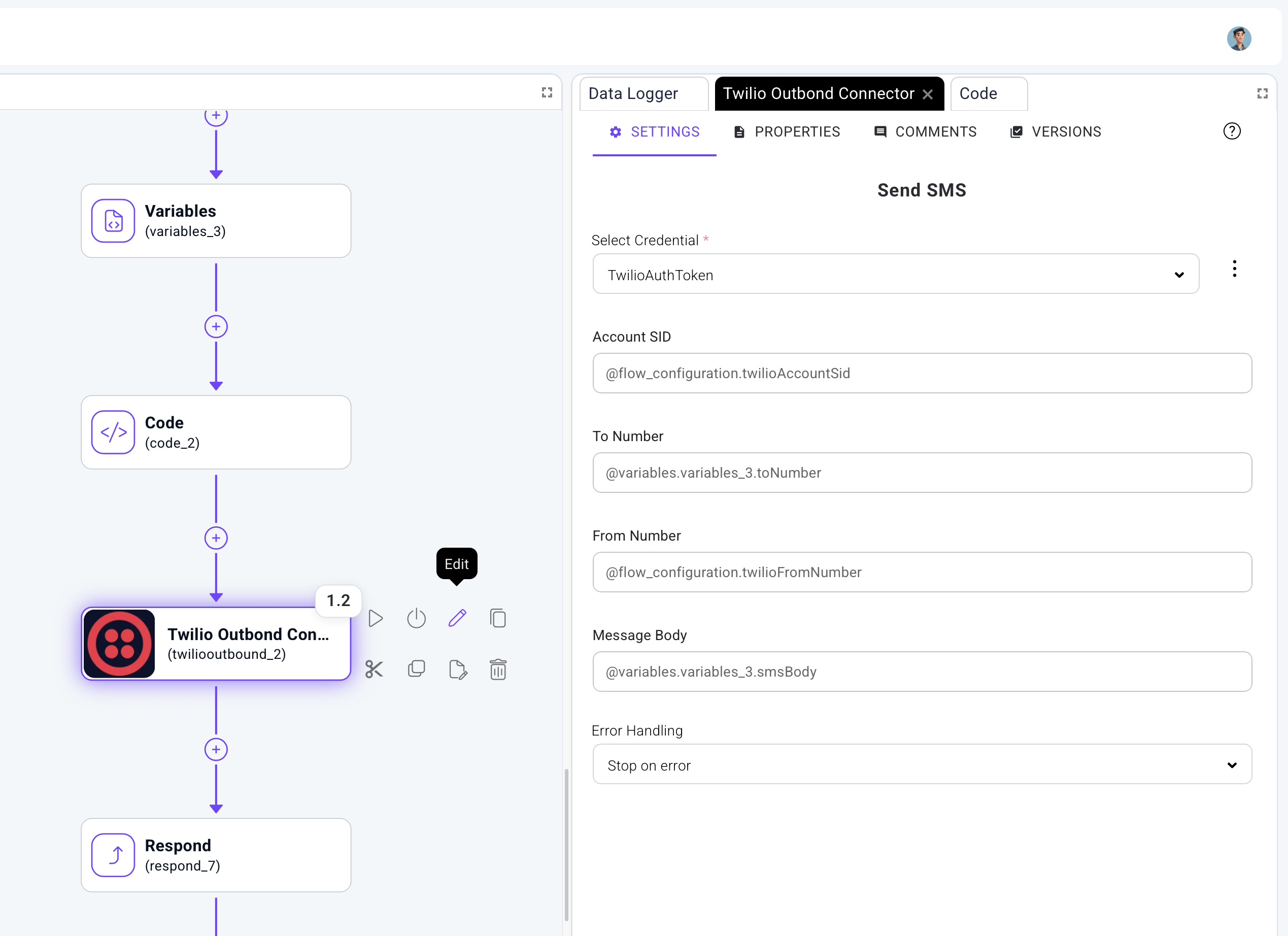 Light mode CXFabric designer with a selected Twilio connector, quick actions, and step settings panel.