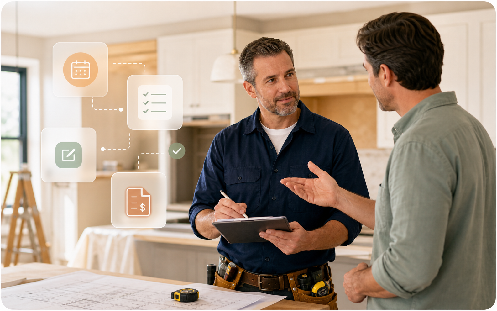 A contractor reviewing completed work and follow-up details with a customer